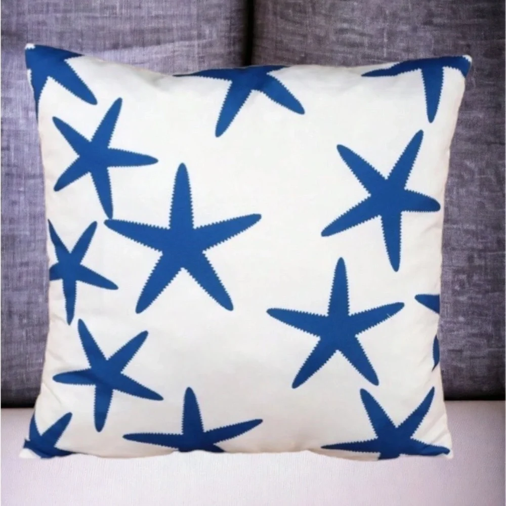 Coastal Starfish Pillow Cover Beach Nautical Square Blue White 17. 7 X 17.7 in